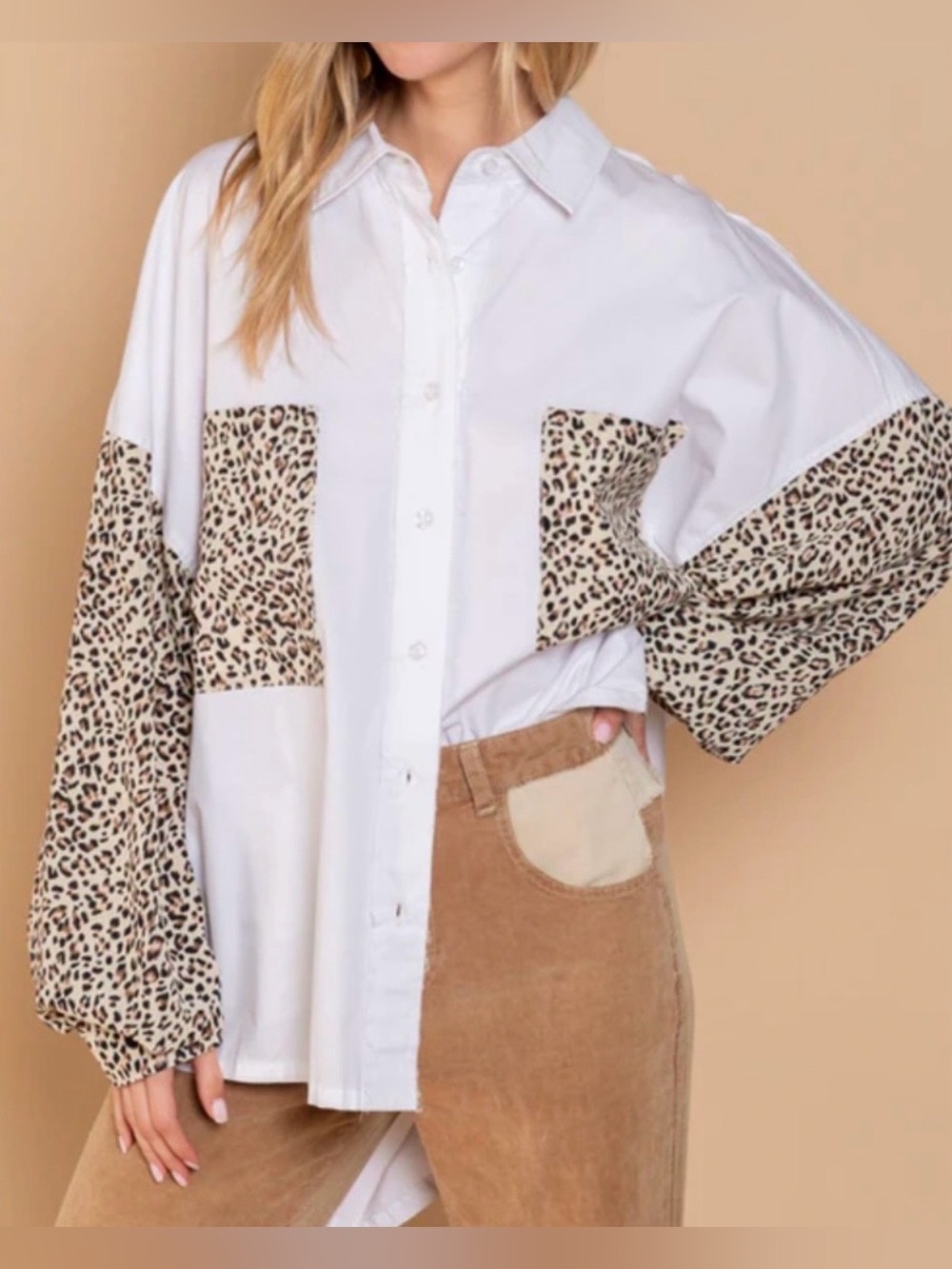 POL NWOT Oversized Boho White Shirt with Leopard Print Accents Medium PTP 26”